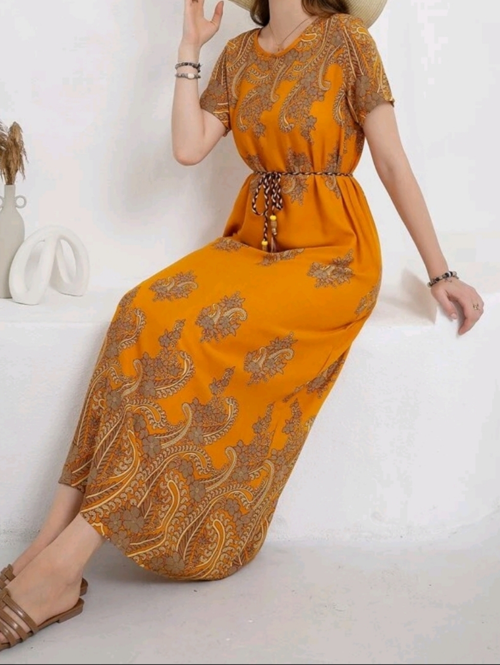 Bohemian Paisley Maxi Dress in Mustard Orange